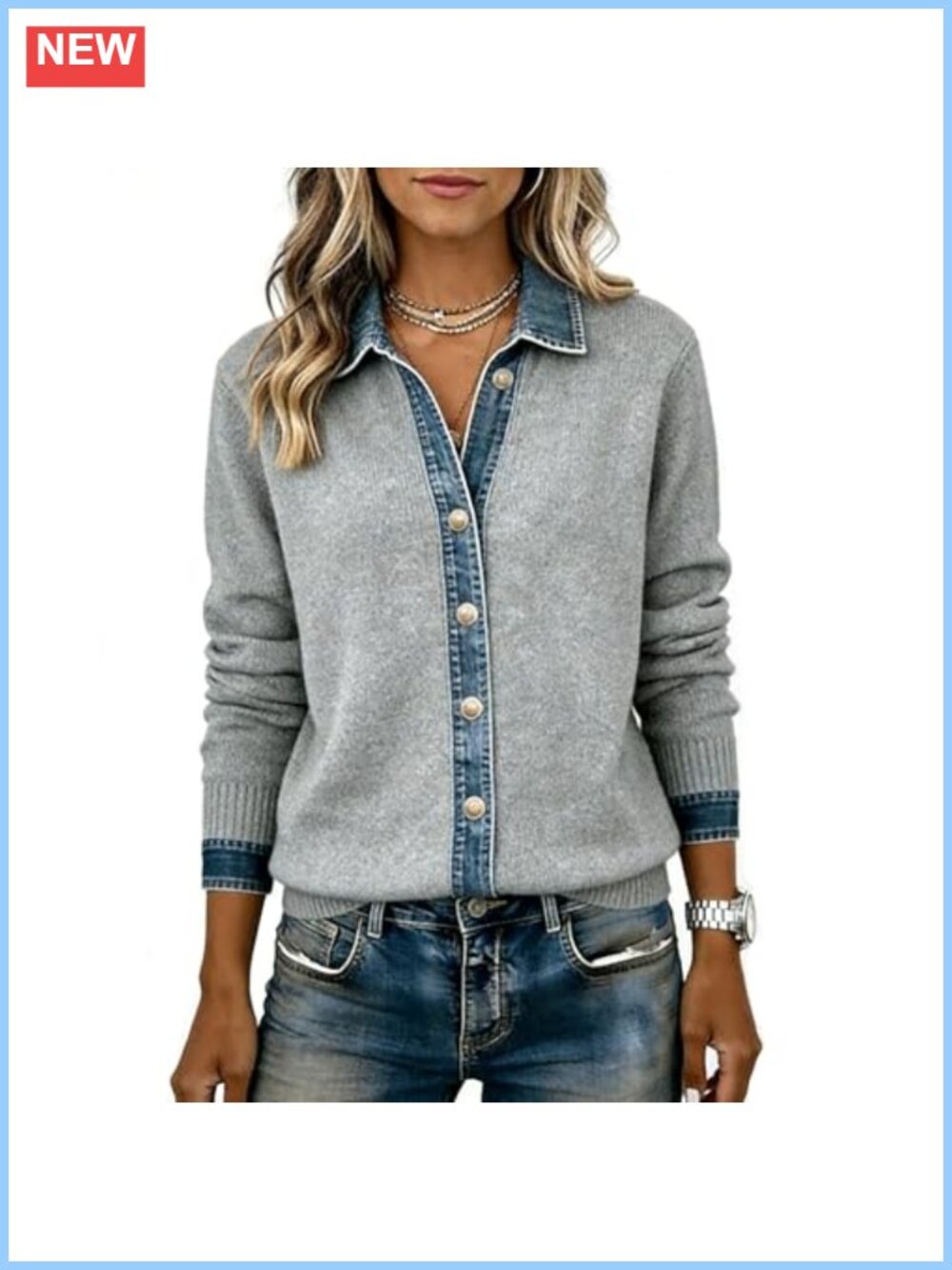 Denim Patchwork Button Cardigan Long Sleeve Knitted Outerwear
